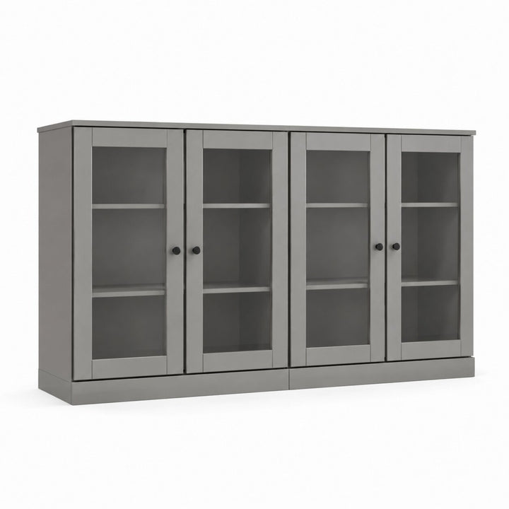 100% Solid Wood TV Stand, 64" Wide TV Console with Glass Doors & Storage