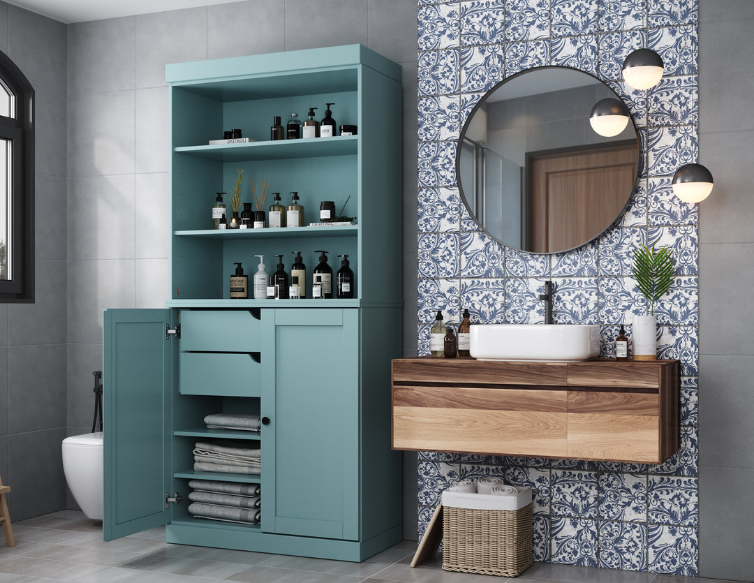 100% Solid Wood 32" Bathroom Cabinet with Shelves, Shaker Wood Doors, 2-Drawers