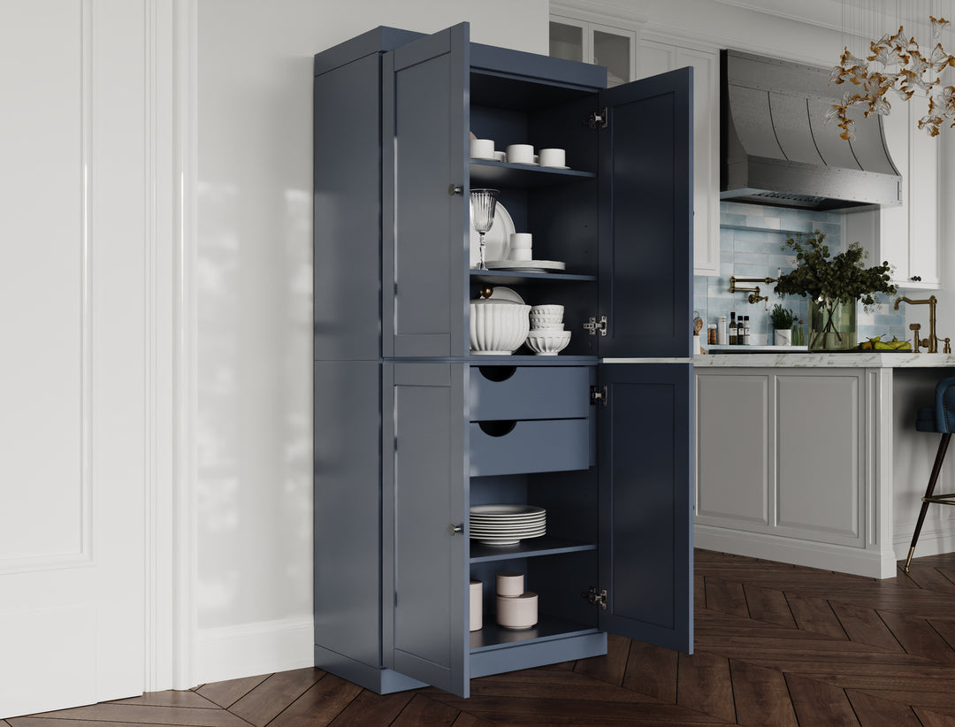 100% Solid Wood 32" Pantry Cabinet, Shaker Wood Doors, 2-Drawers