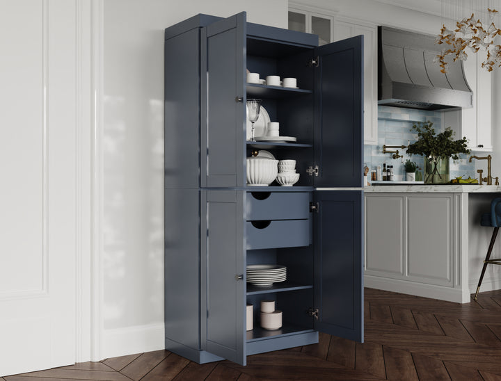 100% Solid Wood 32" Pantry Cabinet, Shaker Wood Doors, 2-Drawers