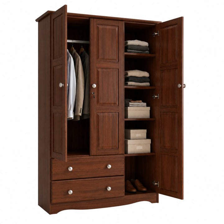 100% Solid Wood 3-Door Wardrobe Armoire with Raised Panel Doors, Bedroom Closet Storage - Grand Collection with Metal Knobs