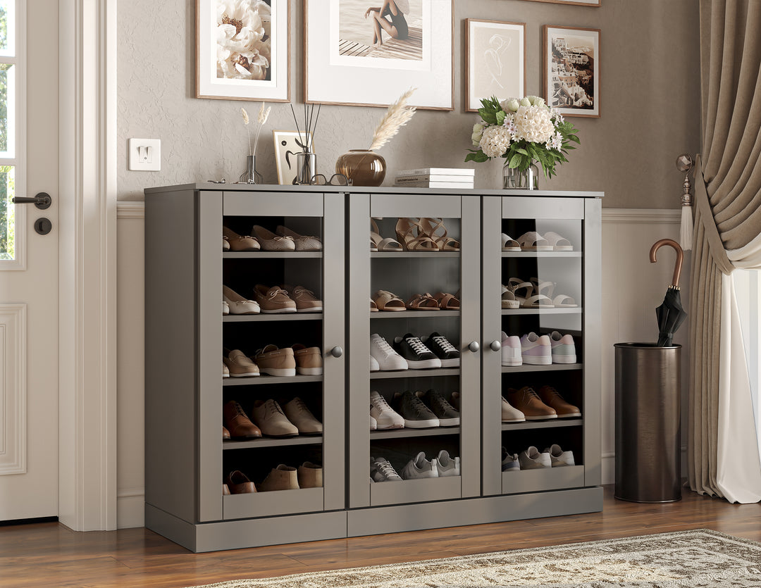 100% Solid Wood Glass Door Shoe Storage Cabinet, Adjustable Shelves, Space Saving Modular Entryway Organizer, 48.5" W x 35.75" H