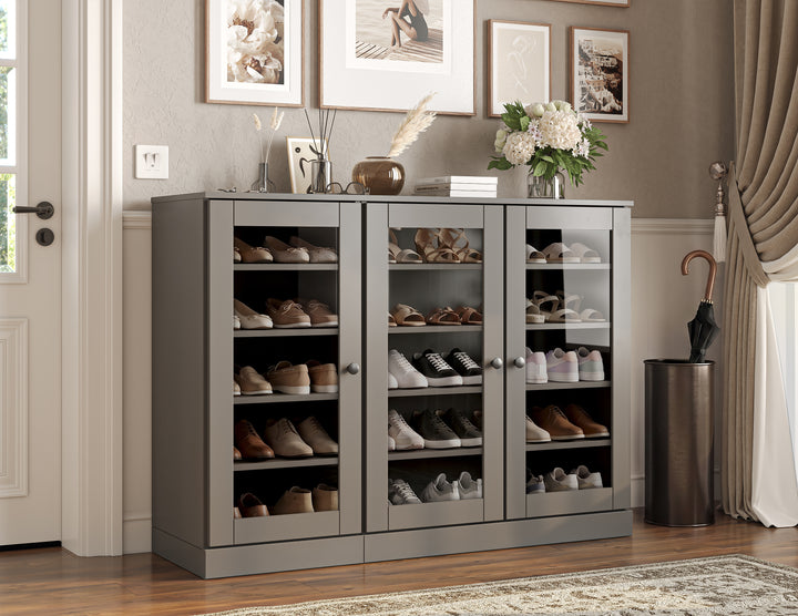 100% Solid Wood Glass Door Shoe Storage Cabinet, Adjustable Shelves, Space Saving Modular Entryway Organizer, 48.5" W x 35.75" H