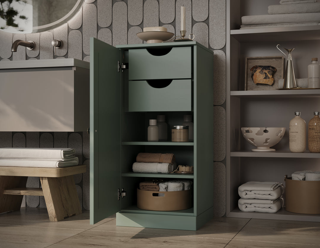100% Solid Wood Bathroom Storage Cabinet, Raised Panel Door, 2 Drawers, Adjustable Shelves, 16.5" Wide, 35.75" Tall