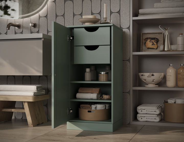 100% Solid Wood Bathroom Storage Cabinet, Raised Panel Door, 2 Drawers, Adjustable Shelves, 16.5" Wide, 35.75" Tall