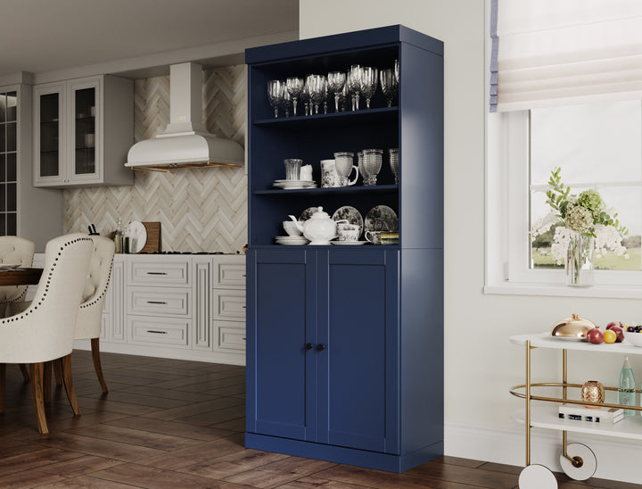 100% Solid Wood 32" Pantry Cabinet, 2 Shaker Wood Bottom Doors, 2 Drawers