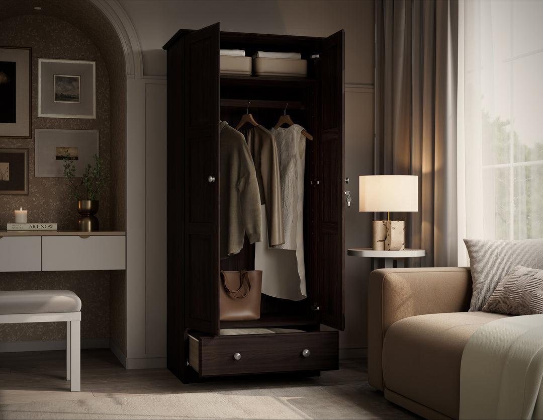 100% Solid Wood 2-Door Wardrobe Armoire with Raised Panel Doors, Bedroom Closet Storage - Flexible Collection with Metal Knobs