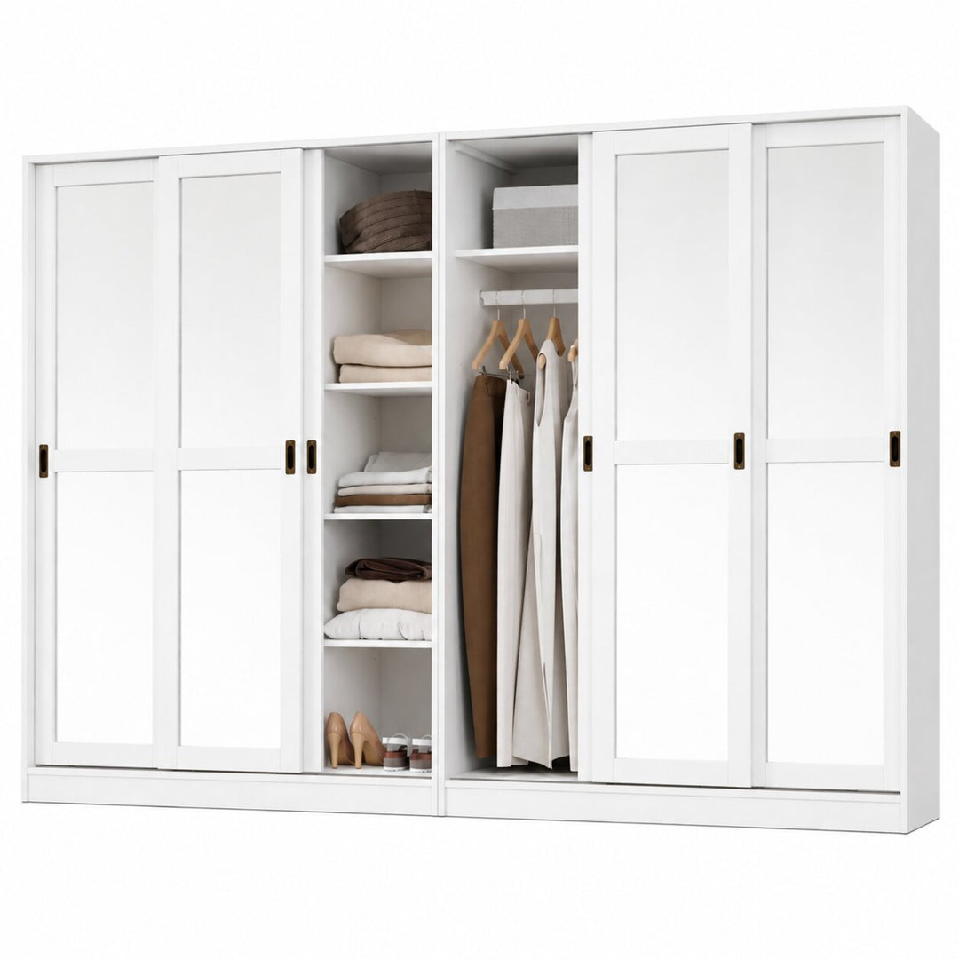 A white sliding wardrobe with open shelving and hanging space, shown on a plain white background. The wardrobe is styled with folded towels, bedding, shoes, and hanging garments.