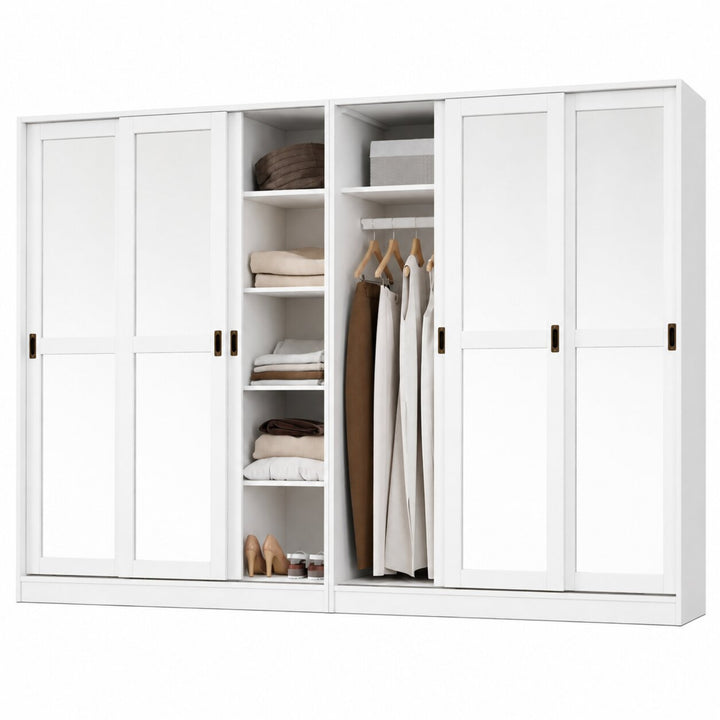 A white sliding wardrobe with open shelving and hanging space, shown on a plain white background. The wardrobe is styled with folded towels, bedding, shoes, and hanging garments.
