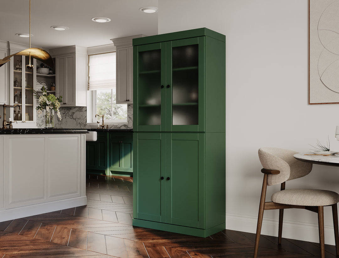 100% Solid Wood 32" Pantry Cabinet, 2 Frosted Glass, 2 Shaker Wood Doors, 2-Drawers