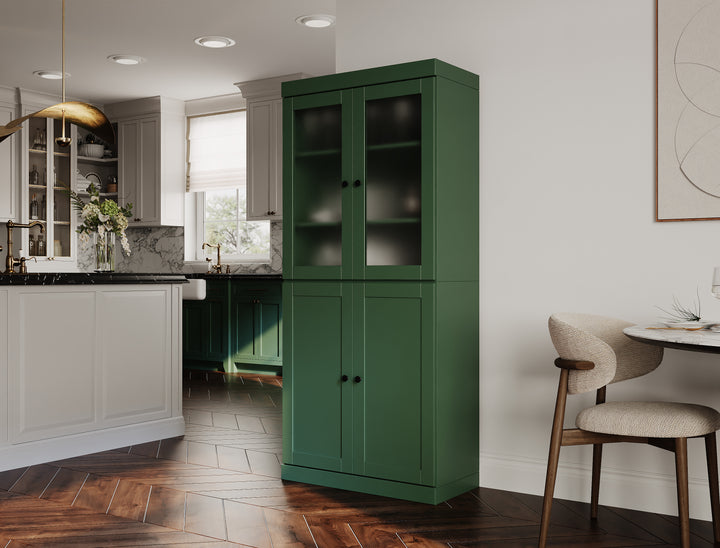 100% Solid Wood 32" Pantry Cabinet, 2 Frosted Glass, 2 Shaker Wood Doors, 2-Drawers