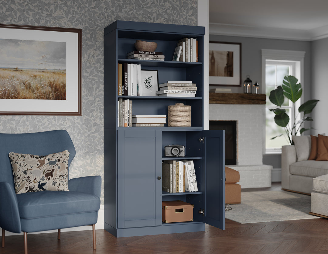 100% Solid Wood Tall Modular Bookcase with Doors & Open Shelves, Storage Bookshelf with Adjustable Shelves, 32" W x 71.5" H