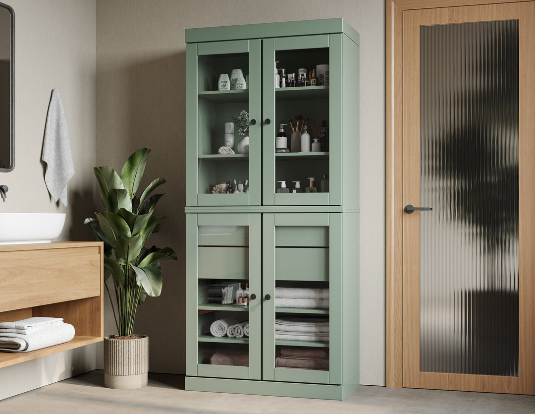 100% Solid Brazilian Pine Wood Bathroom Storage Cabinet, Clear Glass Doors, 2 Drawers, Adjustable Shelves, 32" Wide, 71.5" Tall