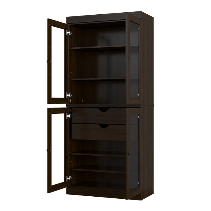 100% Solid Wood Tall Freestanding Modular Bathroom Linen Storage Cabinet with Glass Doors, 2 Drawers, Adjustable Shelves, 32" W x 71.5" H
