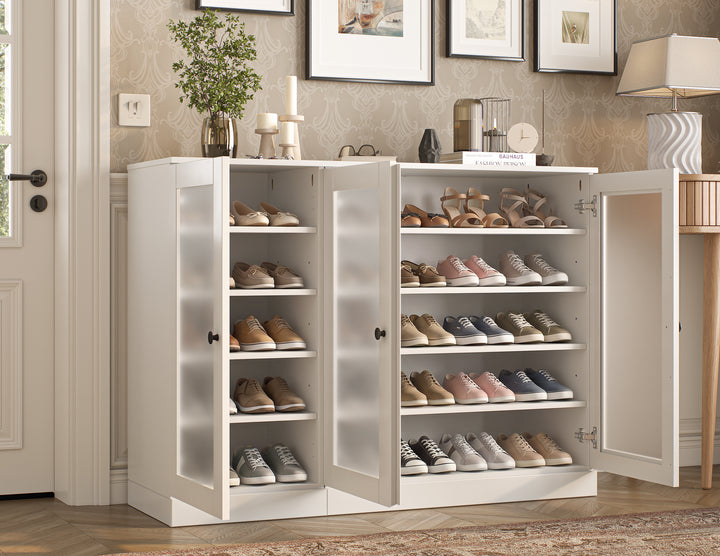 100% Solid Wood Frosted Glass Door Shoe Storage Cabinet, Adjustable Shelves, Space Saving Modular Entryway Organizer, 48.5" W x 35.75" H