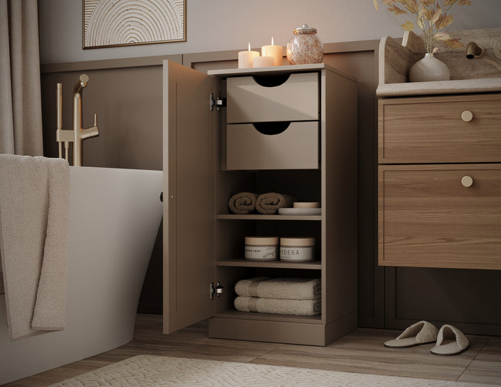 100% Solid Wood Bathroom Storage Cabinet, Raised Panel Door, 2 Drawers, Adjustable Shelves, 16.5" Wide, 35.75" Tall
