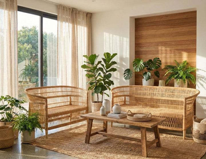 100% Handwoven Natural Rattan 2-Piece Indoor Seating Set with Loveseat and 3-Seater Settee, Solid Wood Frame, Boho Farmhouse, Authentic African Craftsmanship