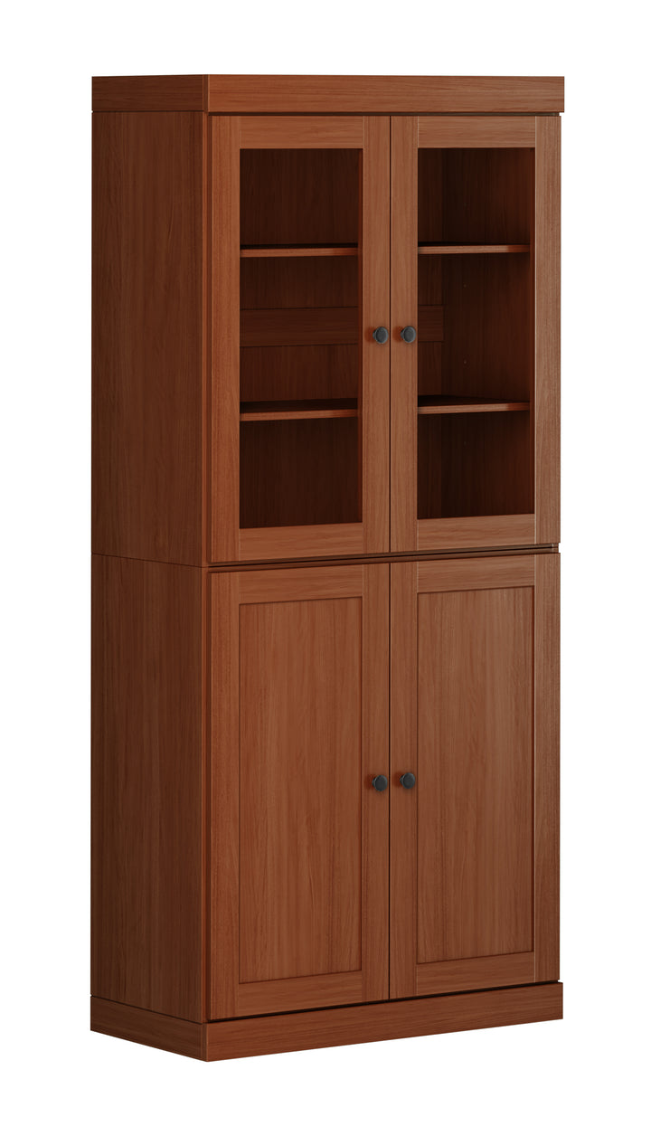 100% Solid Wood 6-Shelf 32" Bookcase, 2 Glass Doors, 2 Shaker Wood Doors, Adjustable Shelves