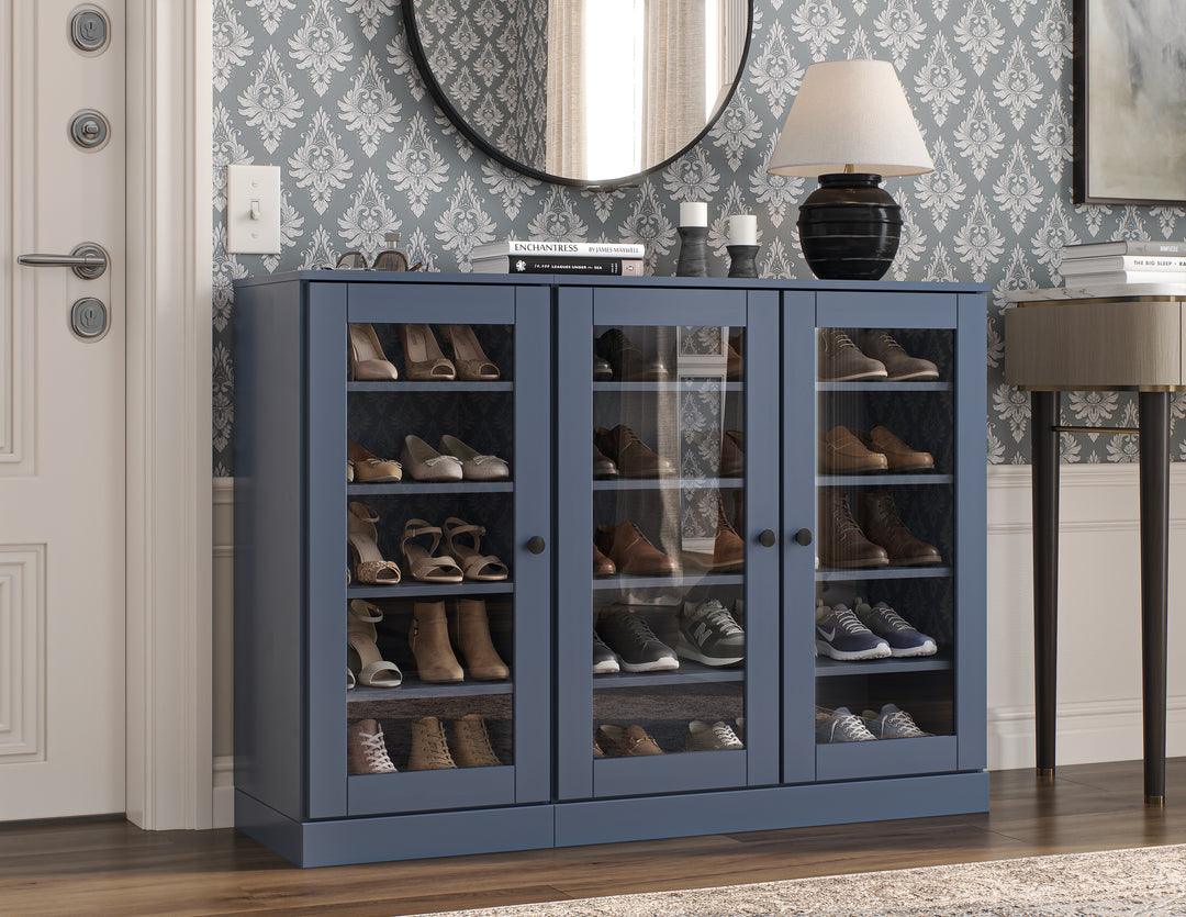 100% Solid Wood Glass Door Shoe Storage Cabinet, Adjustable Shelves, Space Saving Modular Entryway Organizer, 48.5" W x 35.75" H