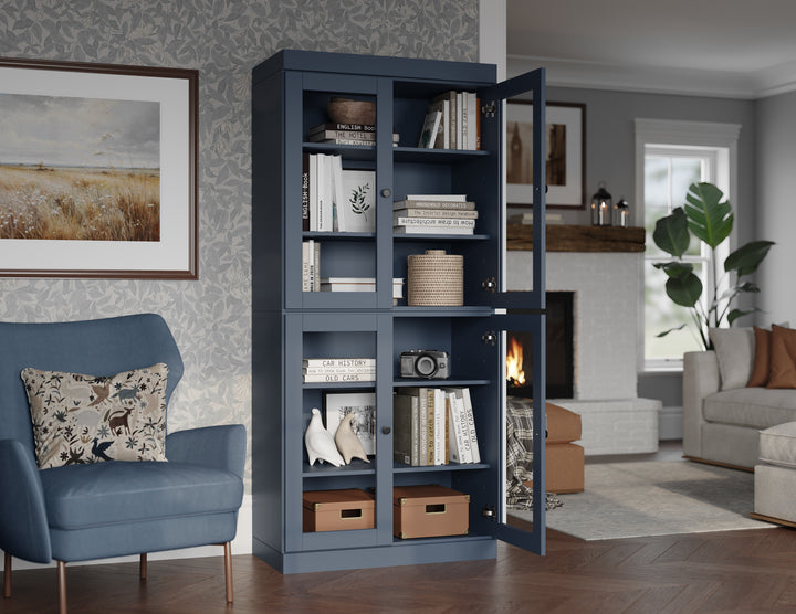 100% Solid Wood 6-Shelf 32" Bookcase, 4 Clear Glass Doors, Adjustable Shelves