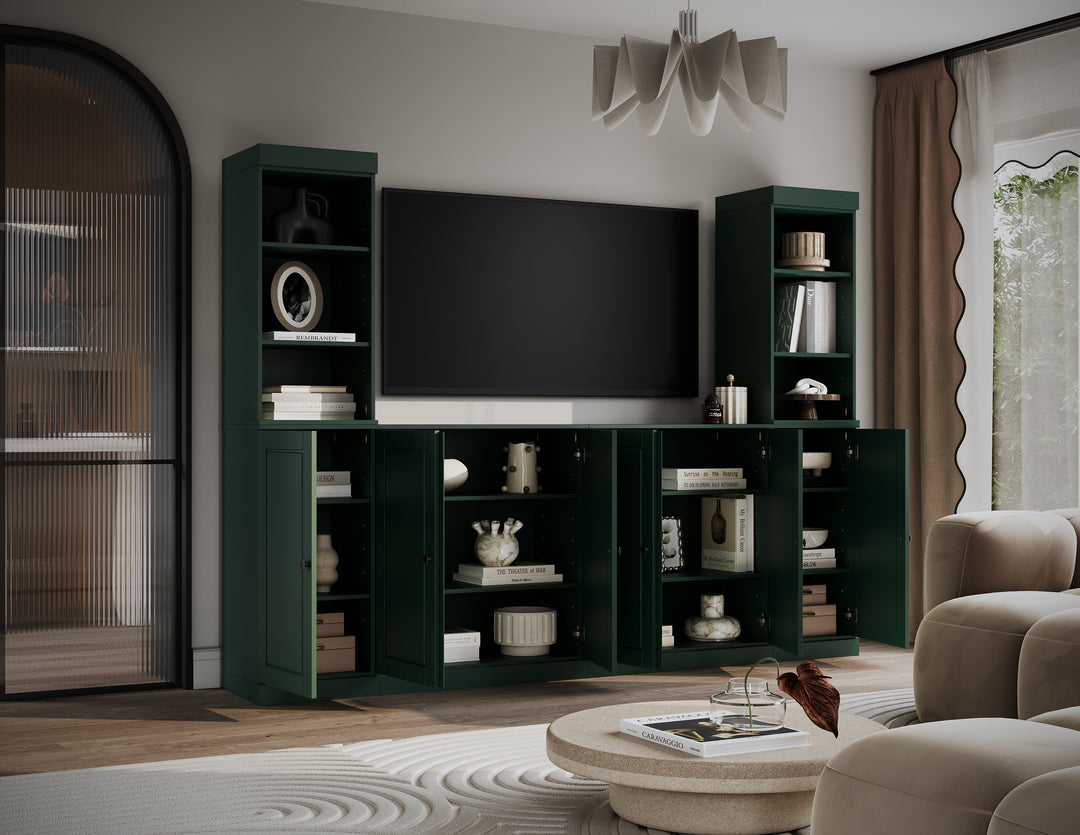 100% Solid Wood 6-Piece Entertainment Center Wall Unit with Storage, Open Cabinets & Raised Panel Doors, Adjustable Shelves, 97" W x 71.5" H