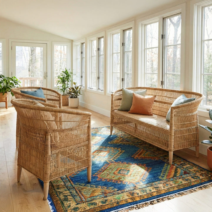 100% Handwoven Natural Rattan 3-Piece Indoor Seating Set with 2 Chairs and 3-Seater Settee, Solid Wood Frame, Boho Coastal Farmhouse, Authentic African Craftsmanship