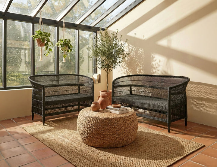 100% Handwoven Natural Rattan 2-Piece Indoor Seating Set with Loveseat and 3-Seater Settee, Solid Wood Frame, Boho Farmhouse, Authentic African Craftsmanship