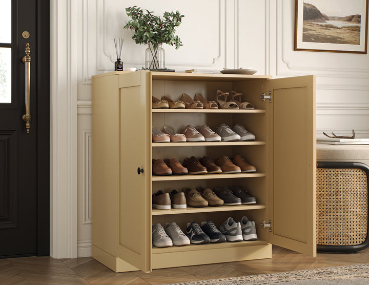 100% Solid Wood Shoe Storage Cabinet with Shaker Doors, Adjustable Shelves, Space Saving Stackable Entryway Organizer, 32" W x 35.75" H