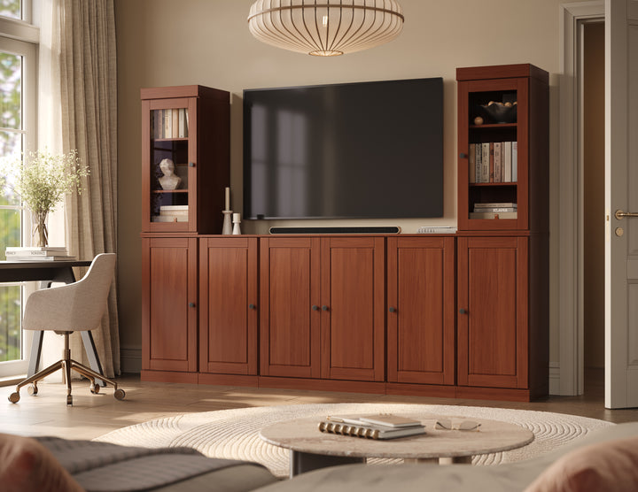 100% Solid Wood 7-Piece Entertainment Center Wall Unit with Storage, Glass & Raised Panel Doors, Adjustable Shelves, 98" W x 71.5" H