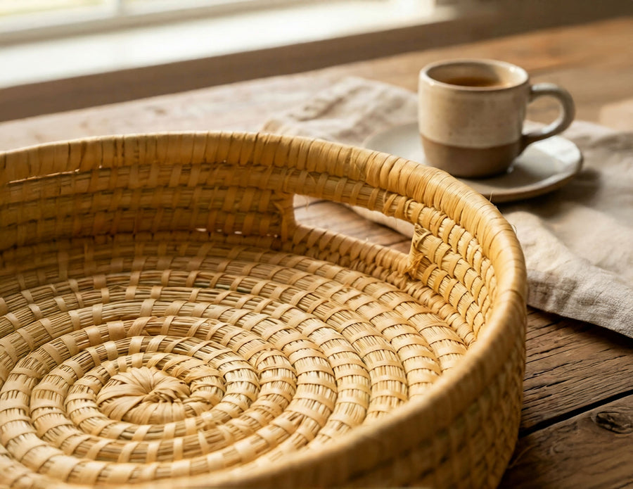 100% Handwoven Natural Rattan 12" Round Serving Tray, Boho Farmhouse Kitchen, Dining & Home Decor, Handcrafted – Authentic African Craftsmanship, Trays - Palace Imports