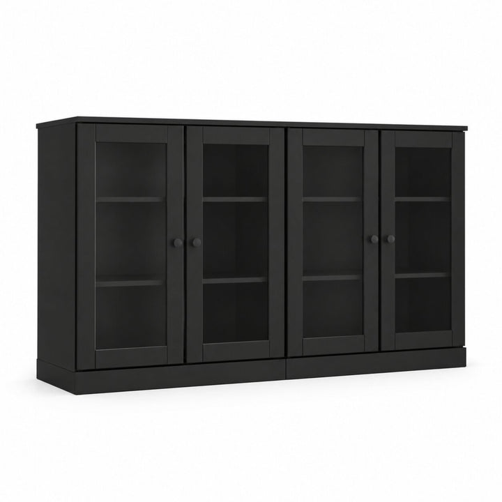 100% Solid Wood TV Stand, 64" Wide TV Console with Glass Doors & Storage