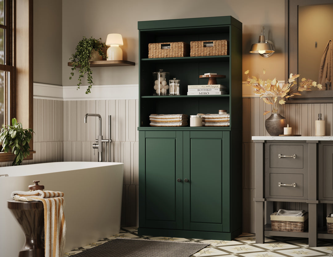 100% Solid Brazilian Pine Wood Bathroom Storage Cabinet, Raised Panel Doors, Adjustable Shelves, 32" Wide, 71.5" Tall