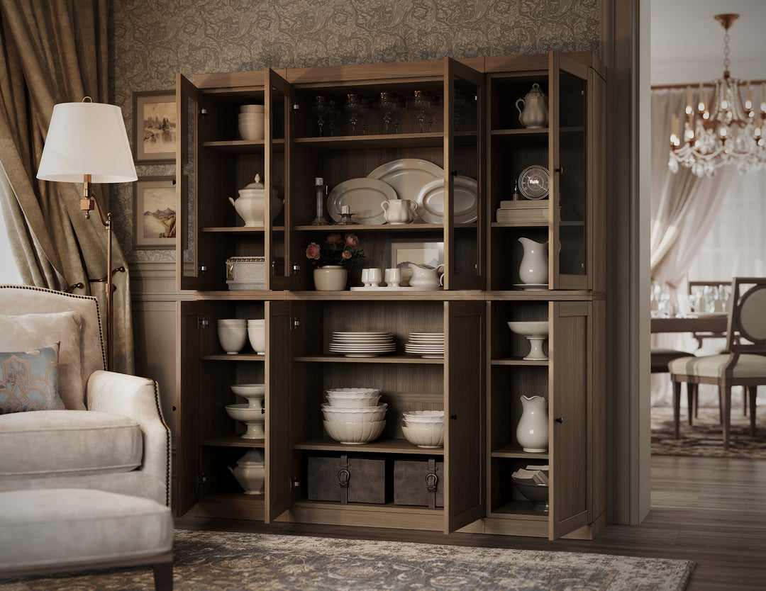 Premium 100% Solid European Oak Hardwood Modular China Cabinet with Shaker and Tinted Glass Doors – 64" Wide, 71.5" Tall