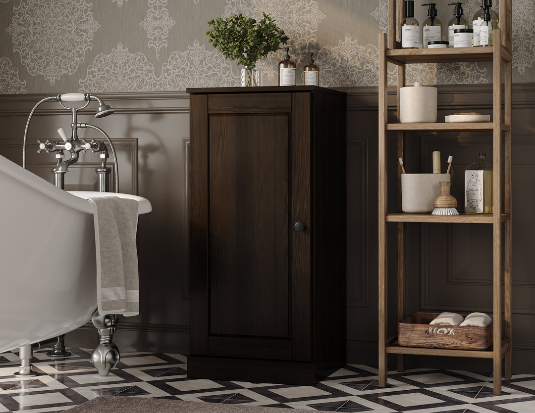 100% Solid Wood Bathroom Storage Cabinet, Raised Panel Door, 2 Drawers, Adjustable Shelves, 16.5" Wide, 35.75" Tall