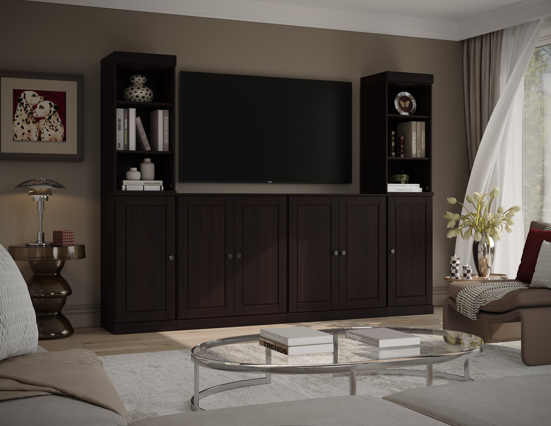 100% Solid Wood 6-Piece Entertainment Center Wall Unit with Storage, Open Cabinets & Raised Panel Doors, Adjustable Shelves, 97" W x 71.5" H