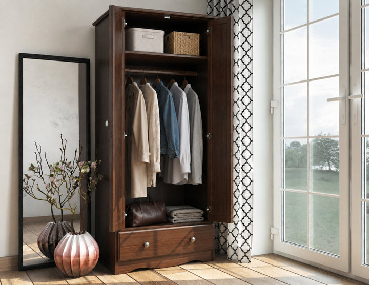 100% Solid Wood 2-Door Wardrobe Armoire with Raised Panel Doors, Bedroom Closet Storage - Flexible Collection with Metal Knobs