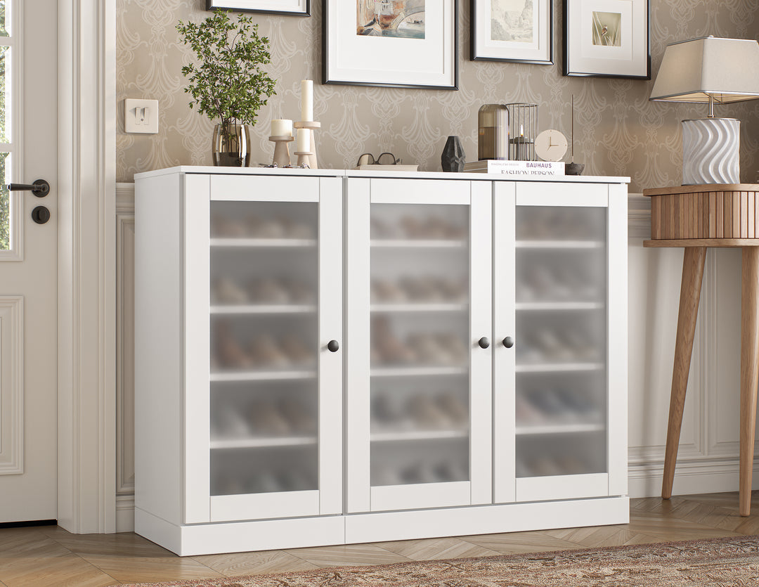 100% Solid Wood Frosted Glass Door Shoe Storage Cabinet, Adjustable Shelves, Space Saving Modular Entryway Organizer, 48.5" W x 35.75" H