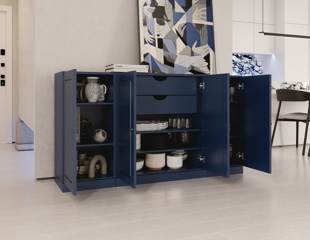 100% Solid Brazilian Pine Wood 65" Sideboard with Raised Panel Doors, 2-Drawers and Adjustable Shelves