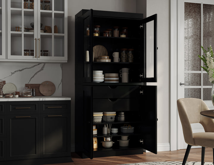 100% Solid Brazilian Pine Wood Pantry Cabinet, Shaker & Clear Glass Doors, 2 Drawers, Adjustable Shelves, 32" Wide, 71.5" Tall