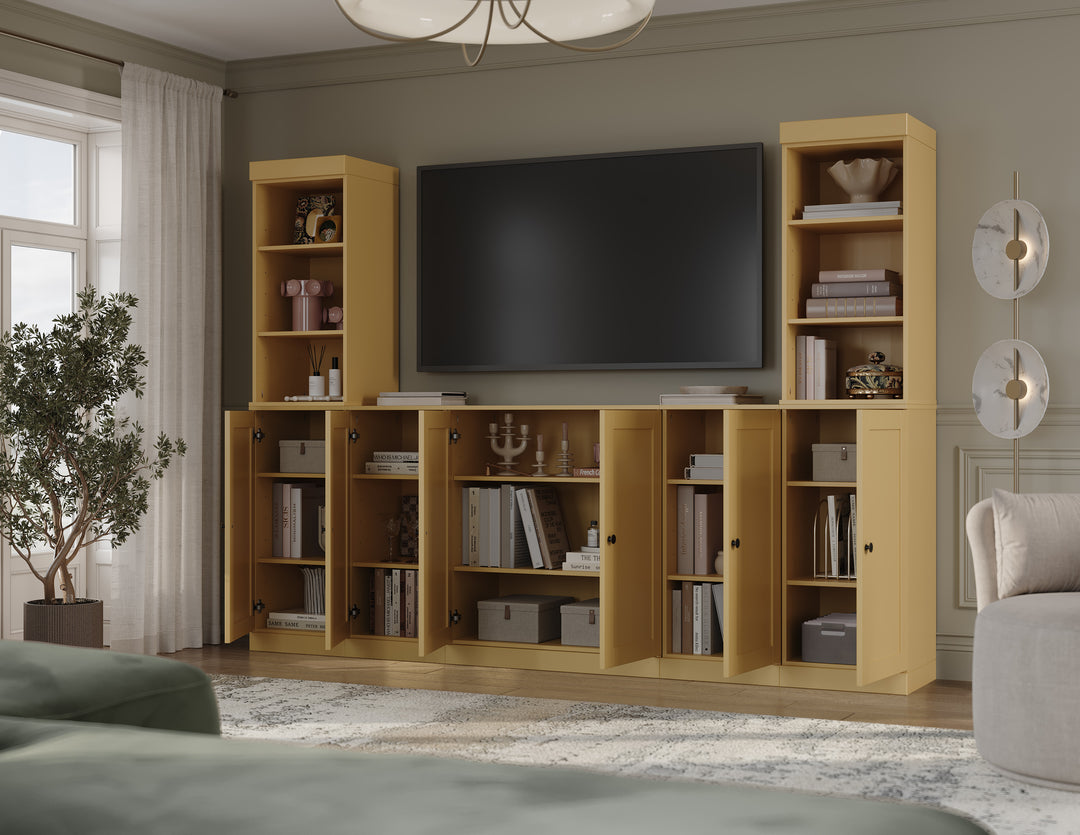 100% Solid Wood 7-Piece Entertainment Center Wall Unit with Storage, Open Cabinets & Shaker Doors, Adjustable Shelves, 98" W x 71.5" H