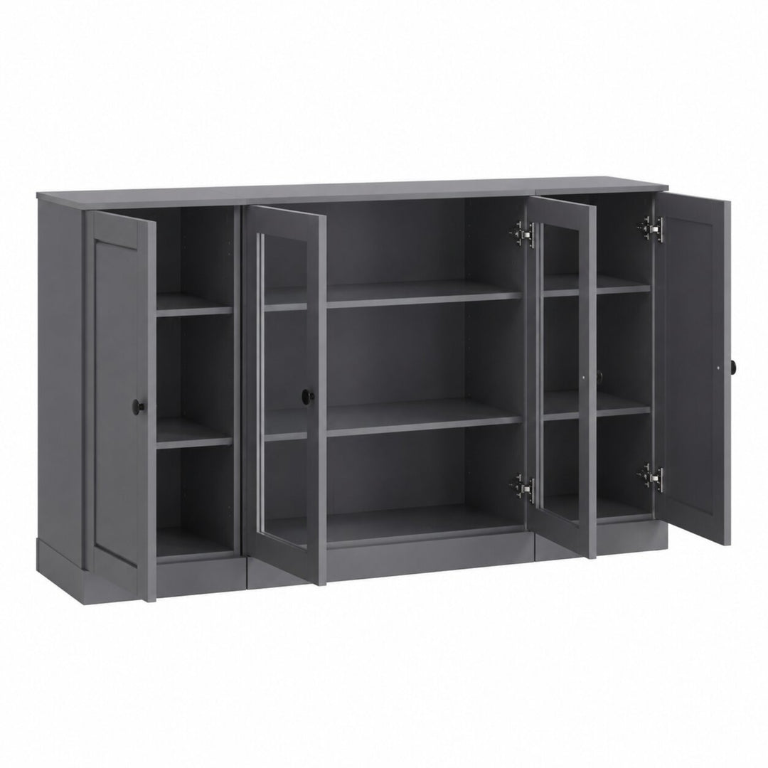 100% Solid Wood TV Stand with Raised Panel, Clear Glass Doors and Adjustable Shelves for TVs up to 65"