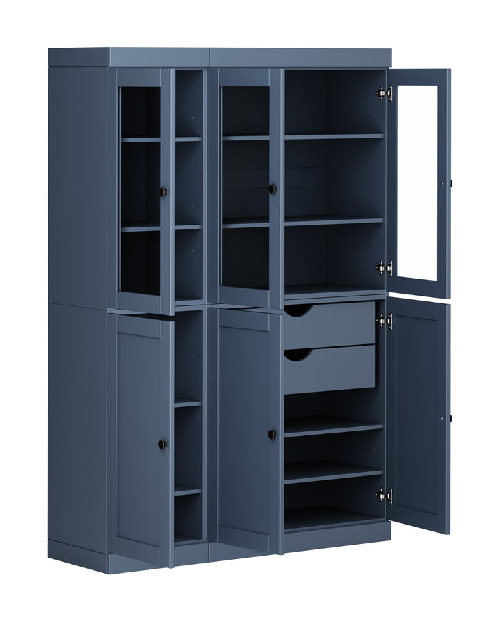 100% Solid Wood 48.5" Pantry China Cabinet, 3 Glass Doors, 3 Shaker Doors, 2-Drawers