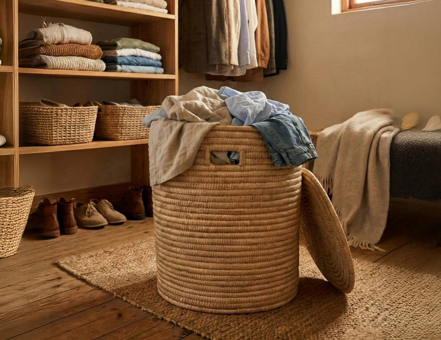 100% Handwoven Natural Rattan 19" Round Basket with Lid & Handles, Boho Farmhouse Decorative Laundry & Storage Organizer, Handcrafted – Authentic African Craftsmanship, Baskets - Palace Imports