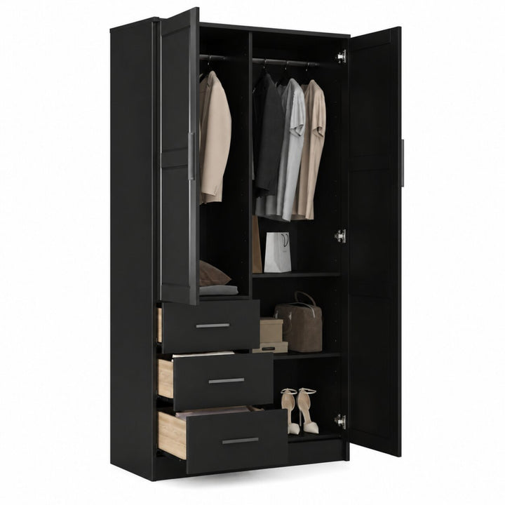 100% Solid Wood 2-Door Wardrobe Armoire with Raised Panel Doors, Bedroom Closet Storage - Metro Collection