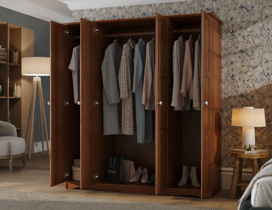 100% Solid Wood 4-Door Wardrobe Armoire with Raised Panel Doors, Bedroom Closet Storage - Regal Collection with Metal Knobs