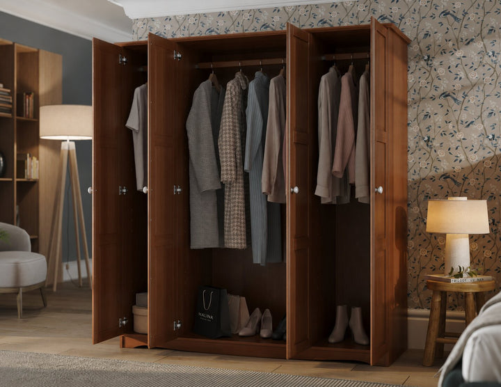 100% Solid Wood 4-Door Wardrobe Armoire with Raised Panel Doors, Bedroom Closet Storage - Regal Collection with Metal Knobs