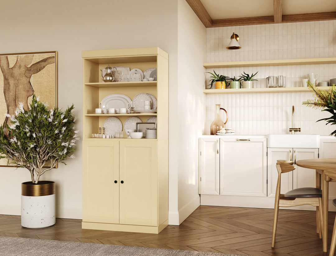 100% Solid Wood 32" Pantry Cabinet, 2 Shaker Wood Bottom Doors, 2 Drawers