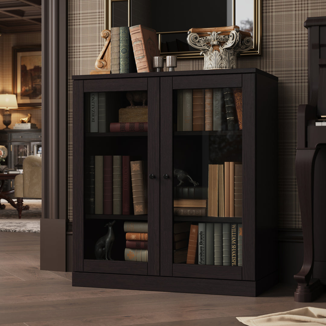 Premium 100% Solid European Oak Hardwood 3-Shelf Modular Bookcase with Tinted Glass Doors – 32" Wide, 35.75" Tall