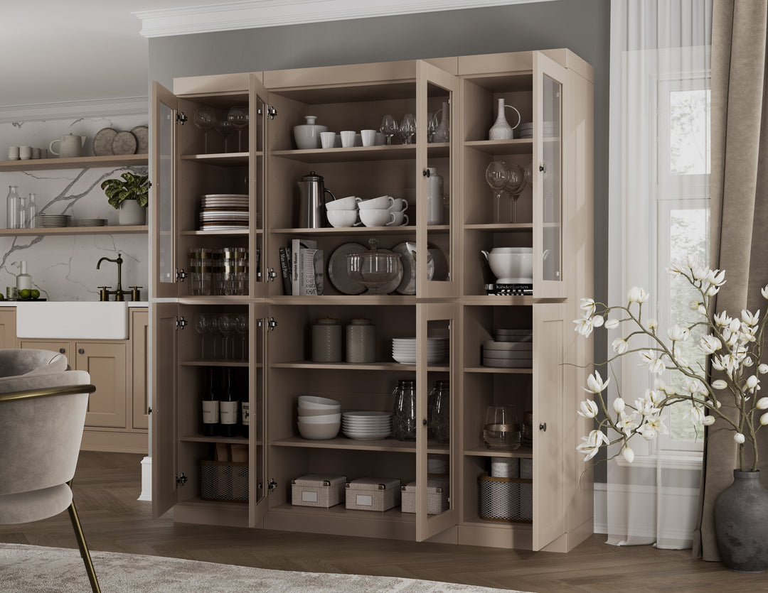 100% Solid Wood 65" China Pantry Cabinet, 6 Clear Glass, 2 Shaker Wood Doors