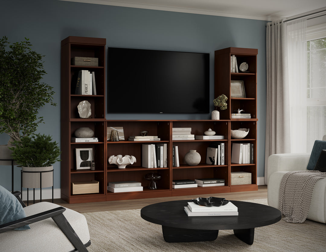100% Solid Wood 6-Piece Entertainment Center Wall Unit with Storage, Open Cabinets, Adjustable Shelves, 97" W x 71.5" H
